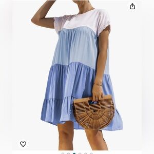 Womens Short Sleeve Round Neck Blue Colorblock Dress